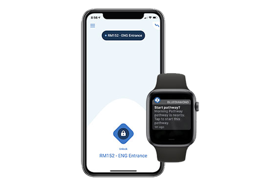 A smartphone and smartwatch display a digital access and navigation interface, featuring room entry and pathway guidance. Ideal for showcasing smart building technology, mobile access control, or wearable tech integration.